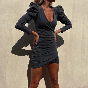 Moda Derin V Yaka Kısa Denim Elbise Zarif Puf Uzun Kollu Katı İnce Jean Elbiseler Banliyö Kadınlar Bodycon Seksi Mini Elbise