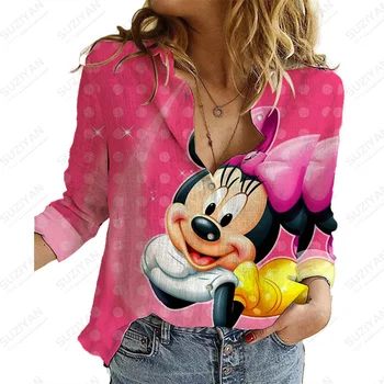 Moda Kadın Disney MinniePrinted Kadın Gömlek Uzun Kollu Zarif Turn-Aşağı Yaka Bluz