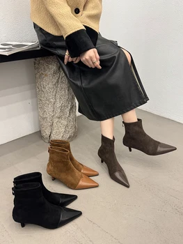 Moda Kadın yarım çizmeler Siyah Kahverengi Haki Çorap Üzerinde Kayma Botas İnce Orta Topuklu Sonbahar Kış Kısa Patik Geri Fermuar 35-39