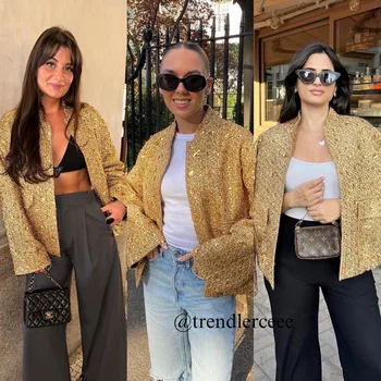 Moda Pullu Altın Bombacı Ceket Kadın Ceket Zarif Streetwear Uzun Kollu Ceket 2023 Sonbahar Şık Cepler Palto Bayan