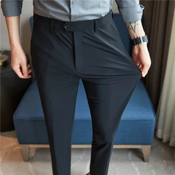 Moda Yaz Erkek Takım Elbise Pantolon Streç İnce Kaliteli Pantolon Katı Slim Fit İş Rahat Adam için İngiliz Tarzı Giyim