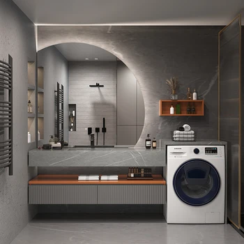 Modern masif ahşap çamaşır dolabı, kaya panelli entegre lavabo, minimalist banyo dolabı, banyo yıkama yüzü ile birlikte