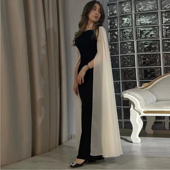 Muloong Siyah Kare Yaka Kadın Abiye Düz Ayak Bileği Uzunluğu Balo elbisesi Fildişi Pelerin Kollu Yeni 2023 فساتين الحفلات