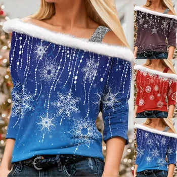 Noel Baskılı Uzun Kollu Boyun Kazak Bayan T Shirt