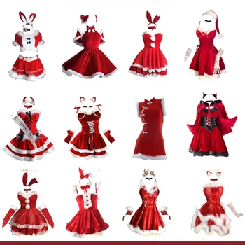 Noel Seksi Peluş Tavşan Kız Üniforma Cosplay Kostüm Kadife Yeni Yıl Kırmızı Elbise Gecelik Rol Oynamak Kıyafetler İç Çamaşırı Kız