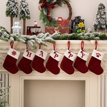 Noel Çorap Kırmızı Kar Tanesi Harfler Yumuşak Örgü Çorap Noel Ağacı Kolye Süslemeleri Ev için Noel Süsler Hediyeler
