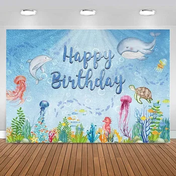 Okyanus Tema Doğum Günü Backdrop Erkek Bebek Kız Sualtı Dünyası Deniz Fotoğrafçılığı Arka Plan Afiş dekorasyon Yunus Kaplumbağa Mercan