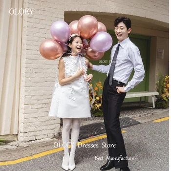 OLOEY Yüksek Boyun Kısa Düğün Parti Elbiseler Kore Photoshoot Saten Düz Mini Vintage Kokteyl Doğum Günü Resmi Gelin Törenlerinde