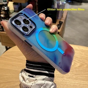 Orijinal Suluboya MagSafe Telefon Kılıfı için iPhone 13 14 15 Pro Max 14Pro Kablosuz Şarj Glitter Lens Koruyucu Film arka kapak