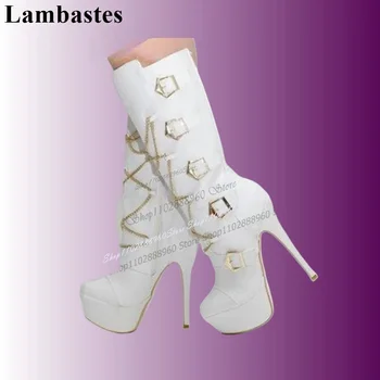 Orta Buzağı Beyaz Kemer Tokası Platform Çizmeler İnce Yüksek Topuk Ayakkabı Kadınlar İçin Yan Fermuar Yuvarlak Ayak 2023 Zarif Zapatos Para Mujere