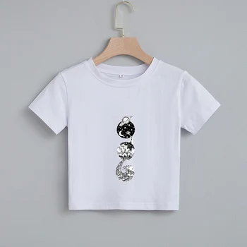Pamuk T Shirt Kadın Yaz Gezegen Baskılı Temel Tees Kırpma Üstleri Rahat Kısa Kollu Ince Tshirt Kore O Boyun Beyaz Tops