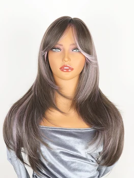 Peruk Kadın Uzun Saç Doğal Tam Kafa Bandı Sekiz karakter Patlama Uzun Düz Saç Degrade Ins Tarzı Simüle insan saçı peruk