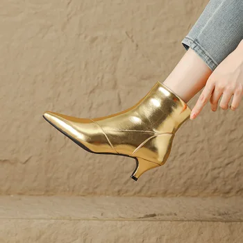 Phoentin 2023 Patik Kadınlar İçin Yavru Kedi Topuklu Metalik Renk Sivri Burun Artı boyutu 34 ~ 43 Altın Gümüş Ayakkabı FT2964