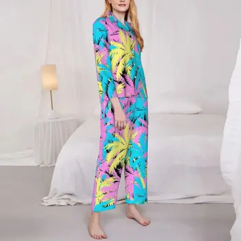 Pijama Kadın Neon Palmiye Ağaçları Ev Kıyafeti Bitki Baskı 2 Parça Vintage Pijama Seti Uzun Kollu Sıcak Büyük Boy Ev Takım Elbise