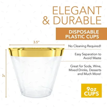 Plastik Bardak 9 Oz Sert Tek Kullanımlık Bardak Plastik şarap bardağı Parti Düğün şarap bardağı Şeffaf Plastik Bardak-Gül Altın Jant