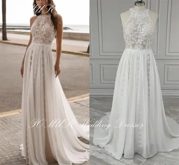 POMUSE Boho Halter düğün elbisesi A-Line Kollu Aplikler Tül Düğün Gelin Kıyafeti Custom Made Vestido De Novia Kadınlar için