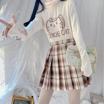 QWEEK Japon Harajuku T Shirt Sevimli Kawaii Kedi Gömlek Kadın Moda 2021 Balıkçı Yaka Kadın Grafik T Shirt Uzun Kollu Üstleri