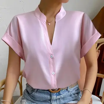 Rahat V Boyun Katı Gömlek Bluz Ofis Bayan İlkbahar Yaz Moda Zarif Kısa Kollu İnce Gömlek Kadınlar İçin 2023 Beyaz Üstleri
