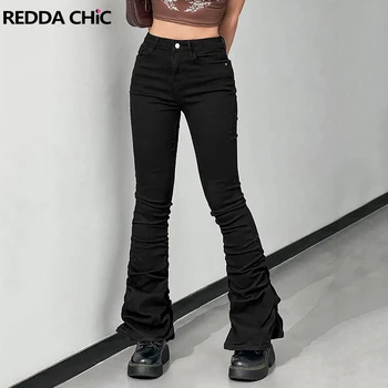 REDDACHıC Dantelli Hem rahat pantolon Grunge Y2K Kot Alevlendi Streç Pantolon Siyah Yüksek Bel Yığılmış Pantolon Kore kadın kıyafetleri