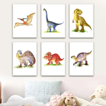 Renkli Karikatür Dinozor duvar sanatı tuval yağlıboya İskandinav Posterler Ve Baskılar Hayvan Duvar Resimleri Çocuk Odası İçin bebek yatağı Odası Dekor