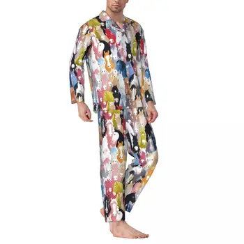 Renkli Komik At Pijama Set Sonbahar Neigh Neigh Renkli Atlar Güzel Gece Pijama Erkekler Gevşek Boy Tasarım Gecelikler