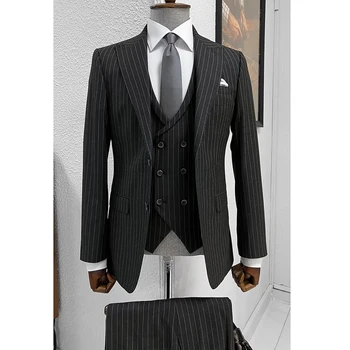 Resmi Blazer Siyah Şerit erkek Takım Elbise Tek Göğüslü PeakLapel Slim Fit Lüks 3 Parça Ceket Pantolon Yelek Resmi İş Seti