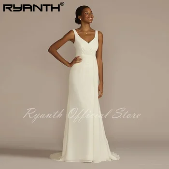 Ryanth Yeni Basit Zarif Şifon düğün elbisesi Mütevazı Minimalist A-Line Gelin Kıyafeti Pilili V Yaka Sweep Tren Vestidos De Novia