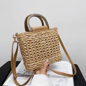 Saman torbaları Yaz 2023 kadın büyük el çantası Çanta tasarımcı çantaları Çantalar Örgü İpli Kapatma Ahşap Saplı Plaj omuzdan askili çanta