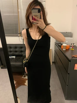 Seksi Uzun Stil Kolsuz Örme Kazak 2023 Yeni İnce Elbiseler Zarif Kare Boyun Kazak Örme Kazak Seksi Elbise