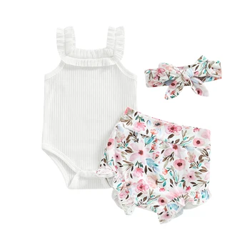 Seti Giysileri Bebek Kız Yaz Kıyafet Kare Yaka Kolsuz Romper + Çiçek / Gökkuşağı / Kelebek Baskı Şort + Kafa Bandı