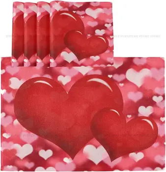 Sevgililer Günü Placemats 4 Set, Kırmızı Kalp Masa Mat, Anneler Günü Çiçekler Yer Mat Yemek Ev Mutfak Masa Dekorasyon