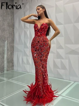 Sevgiliye Kırmızı Illusion Mermaid Parti Elbise Dubai Tüy Lüks Abiye Custom Made 2024 Boncuklu Ünlü Elbiseleri