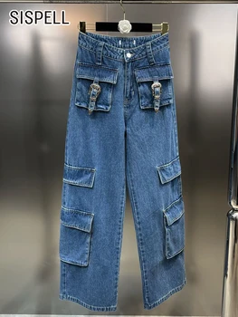 SISPELL Mavi Kot pantolon Kadınlar İçin Yüksek Bel Patchwork Cep Rahat Gevşek Mizaç Kot Kadın moda giyim 2023 Yeni