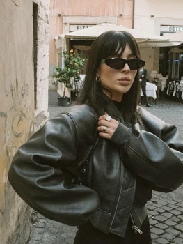 Siyah Kırpılmış kışlık ceketler Kadınlar İçin Yeni Uzun Kollu Moda Fermuar Sıcak Pamuk Giyim Sokak Retro kadın Deri Ceket