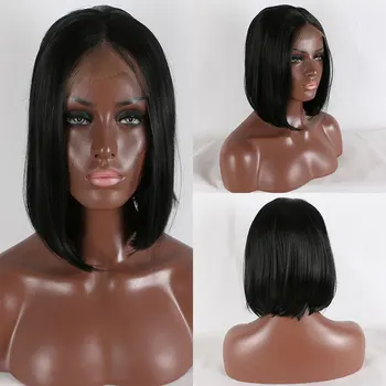 Siyah Kısa Düz Sentetik Saç 13X4 Dantel ön peruk Bob Tutkalsız ısıya dayanıklı iplik Saç Siyah Kadınlar Için Peruk Giymek
