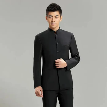 Siyah Zhongshan erkek Takım Elbise İki adet (Ceket + Pantolon) Slim Fit ve Yakışıklı Erkek Günlük rahat giyim trajes de hombre