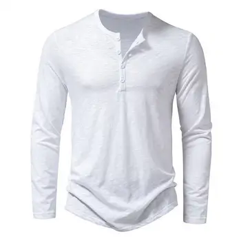 Sonbahar erkek Henley Yaka Uzun Kollu T-Shirt Katı Rahat Üst Tek Göğüslü TShirt Yumuşak Dip Gömlek