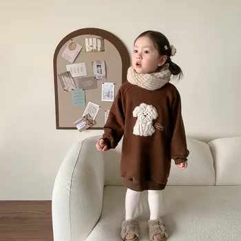 Sonbahar Kış Kore Toddler Kız Kazak Pamuk Karikatür Köpek Polar Çocuk Kız Kazaklar Casual Sıcak Bebek Kız Uzun Tişörtü