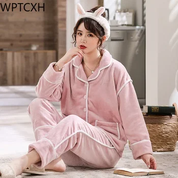 Sonbahar Kış Yeni Büyük Boy Pijama Uzun Kollu Artı Kalın Pazen Pijama Kadın Hırka Yaka Loungewear Ev Giyim Seti