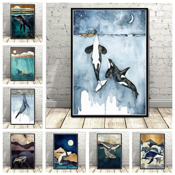 Soyut Balina Bulut Deniz Dağ Tuval Boyama Posterler ve Baskılar Hayvanlar Cuadros Duvar Sanatı Resimleri ıçin Oturma Odası Cuadros
