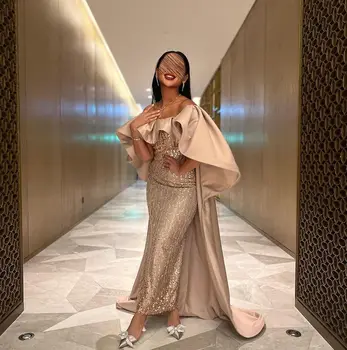Sparkly Sequins Kapalı Omuz balo kıyafetleri Pelerin Arabistan Örgün Durum Abiye Ücretsiz Kargo Düğün Parti Kıyafeti