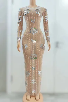 Sparkly Sequins Rhinestones Uzun Kollu Örgü transparan elbise Doğum Günü Kutlamak Kıyafeti Kıyafet Kadınlar Seksi Akşam Parti Elbise