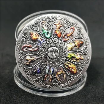 Takımyıldızı Sikke Retro Gümüş Euro Amerikan Sikke Alaşım Oniki Takımyıldızı hatıra parası Şanslı Tanrıça Guard Sikke