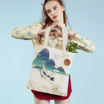 Tasarımcı Japonya Geometrik Sanat Bayan Tote Çanta Çocuklar için Rahat Tuval Karikatür Katlanır Kadın Alışveriş omuzdan askili çanta