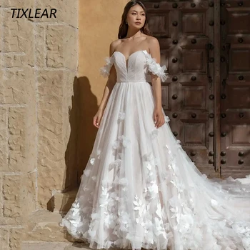 TİXLEAR Zarif Sevgiliye düğün elbisesi Kapalı Omuz Dantel Aplikler Backless Tül gelin kıyafeti Kat Uzunluk Vestidos De Novia