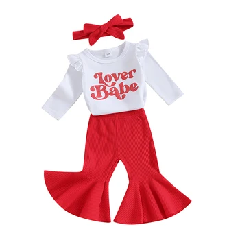 Toddler Bebek Kız 3 ADET Kıyafetler Uzun Kollu Romper Tops Kalp Mektup Flare Pantolon Sevgililer Günü Giysileri