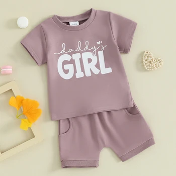 Toddler Bebek Kız Giysileri Kısa Kollu Mektup Baskı T Shirt Üstleri ve Streç Şort Yenidoğan Kız Yaz Kıyafeti