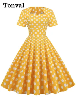 Tonval Sarı Zarif Elbiseler Kadınlar için Yüksek Bel Rockabilly Vintage askı elbise Kısa Kollu 2022 yaz giysileri Polka Dot