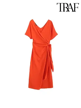 TRAF 2023 Elbise Kadın Bağlı Wrap Kırmızı uzun elbise Kadın Yaz Kısa Kollu Midi Elbiseler Zarif Kadın Elbiseler