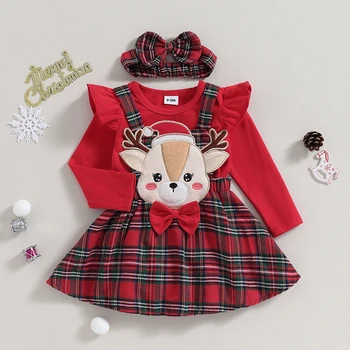 Tregren Bebek Bebek Kız Noel Giysileri Setleri Ruffled Uzun Kollu Örgü Romper A-Line Elk Nakış Ekose Etek Yay Bandı